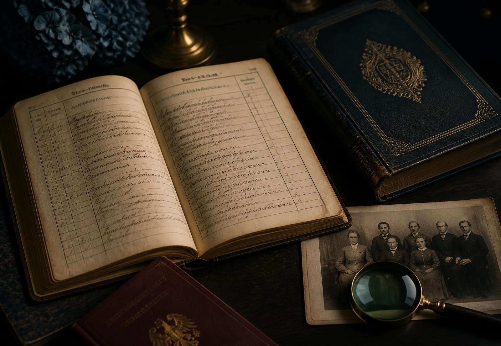 Registro paroquial alemão do século XIX ao lado de um livro de família e de um retrato antigo